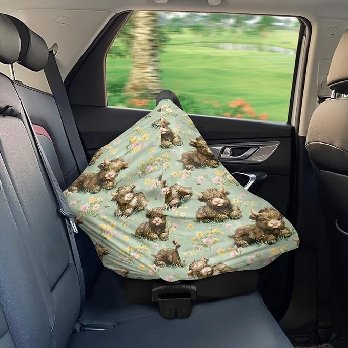 Binienty Highland Cow Baby Car Seat Cover for Boys Girls,Boho Floral Infant Carseat Cover Multi Use Baby Nursing Cover, Shopping Cart/High Chair/Stroller Cover