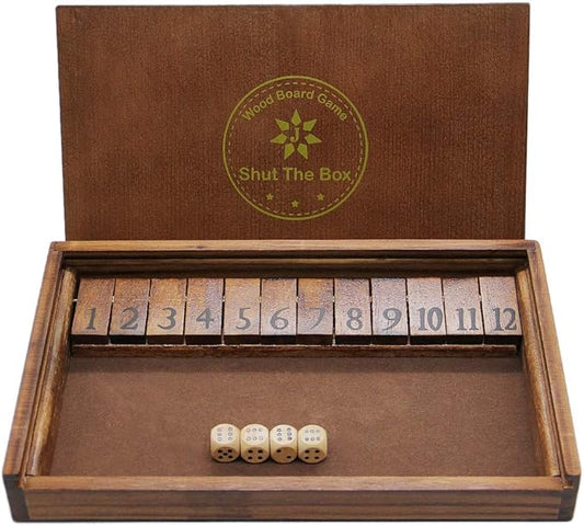 Juegoal Shut The Box Wooden Board Dice Game with 12 Numbers and Lid for Kids Adults Families, 2 Players and Up
