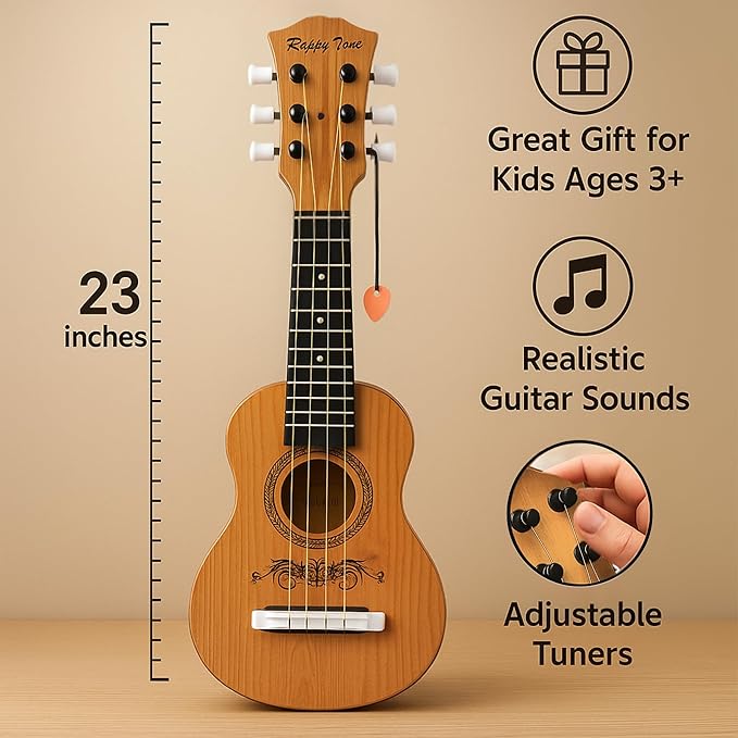 23" Acoustic Guitar, Kids 6 String Toy Guitar - Realistic Steel Strings - Beginner Practice First Musical Instrument for Children, Toddlers (Natural)