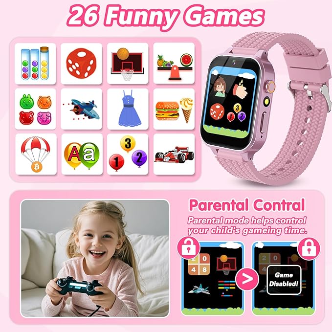 Smart Watch for Kids Girl Gift Ages 3-12, 2 Screen Protector, 26 Puzzle Games, HD Camera Video Music Player Touchscreen Pedometer, Educationtal Toy Brithday Gifts for Girl Ages 4 5 6 7 8 9 10(Pink)