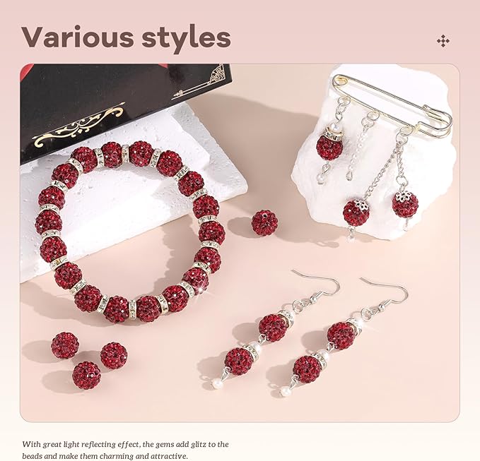 200pcs 10mm Rhinestone Beads for Jewelry Making, Dark Red Shiny Round Disco Ball Beads Bulk, Sparkle Crystal Clay Christmas for Bracelet Baseball Necklace Earring Crafting and DIY