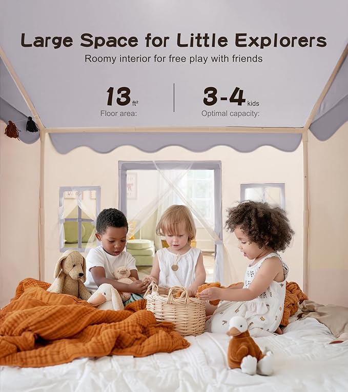 Little Dove Play Tent with mat, Star Lights, Tissue Garland, Kids playtent Indoor, Toddler Play Tent Large Outdoors for Kids Aged 3+, 52" x35" x 52", Toddler Teepee Play House with Windows Grey Color