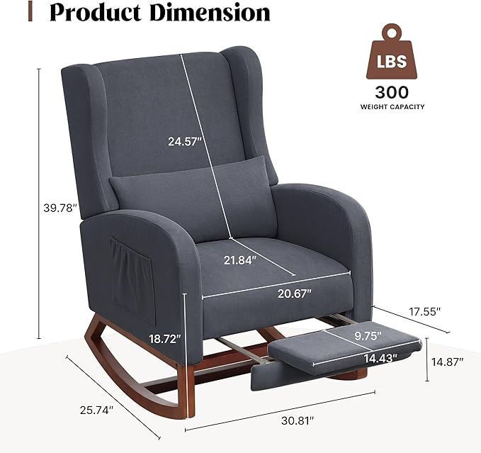 Nursery Rocking Chair, Rocking Chair Nursery with Foot Rest, Comfy Fabric Glider Rocker Nursing Chair with High Back for Nursing, Living Room, Bedroom, Grey