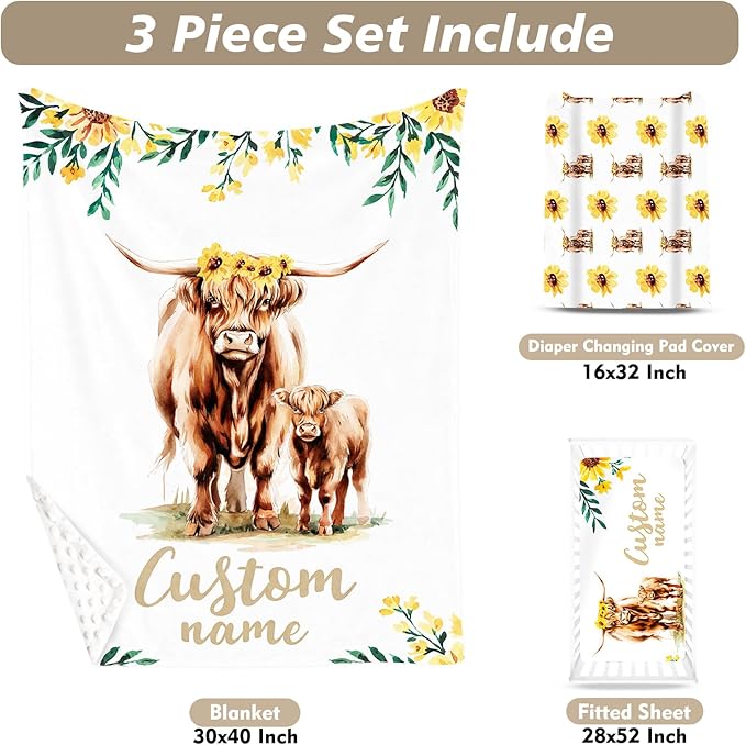 Custom Name Crib Bedding Set - Highland Cow Theme, Personalized Yellow Floral Nursery Bedding 3-Piece Set– Soft Blanket, Fitted Sheet, Changing Pad Cover – for Newborns Girls Nursery Gifts