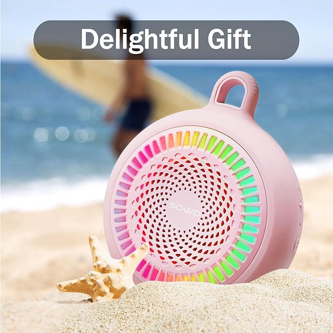 SOWO Small Waterproof Speaker Bluetooth Portable Wireless - Clip Speaker for Shower - Powerful Bass and Louder Volume - Colorful Lights and Lightweight for Travel,Kitchen,Pool - Pink