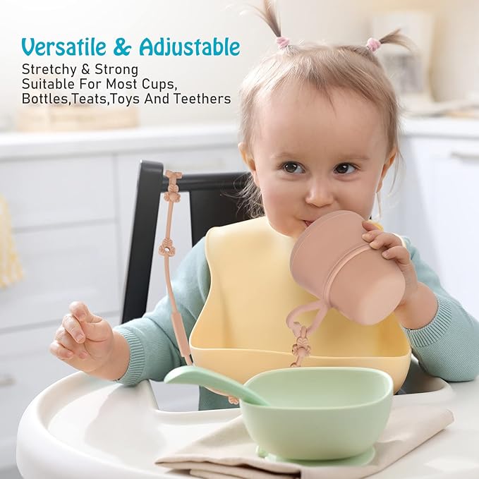 Toy Safety Straps, Silicone Pacifier Clips, Adjustable Stretchable Sippy Cup Straps for Strollers, High Chair, Cribs, Hanging Baskets, Car Seat, Shopping Trolley, 2 Pack (Ether+Sage)