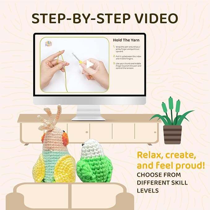 ChillFuzz Animal Crochet Kit Beginner Crochet Kit for Adults and Kids with Yarn Hook and Step by Step Instructions Relaxing DIY Gift Parrot