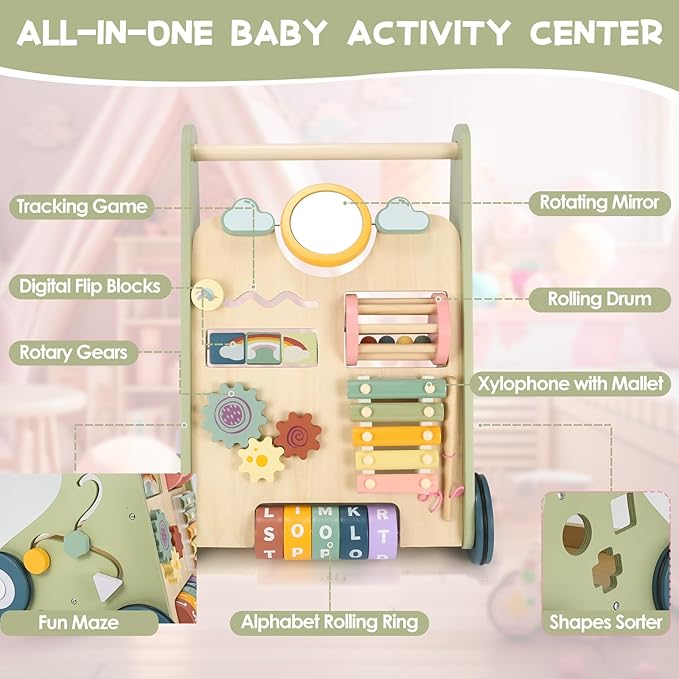 Baby Push Walker, Wooden Baby Walker with Wheels, Montessori Push Walker for Babies 6-12 Months, Push Walking Toys for Boys&Girls 1 Year Old, Gifts for Toddler