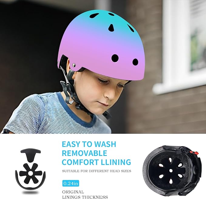Adjustable Kids Bike Helmet with Knee & Elbow Pads Set, Color Gradient Design for Boys and Girls Aged 3-14+, for Skateboarding, Scooter, Roller & Inline Skating, Longboard