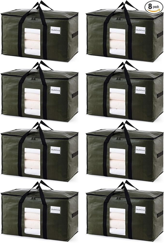 TAILI 8 Pack Green Extra Large Storage Bags, Heavy Duty Totes with Visible Window, Wrap Around Handles, Perfect for Moving