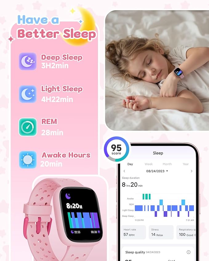 Kids Watch for Girls 5-12, Kids Smart Watch Fitness Tracker Pedometer, No Phone Needed, Puzzle Games with Parental Control, IP68 Waterproof, Heart Rate, Sleep Monitor, Step Counter, 80 Sports