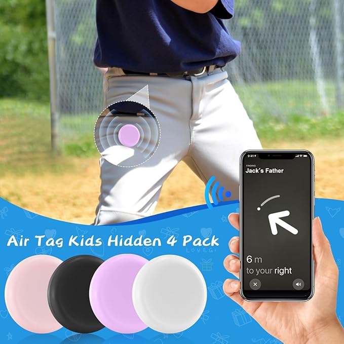 Waterproof Air Tag Holder for Kids, 4 Pack Air Tag Case with Invisible Pin, Soft Silicone Anti-Lost for Apple Air Tag, Used for Children, Elderly, Hidden Inside Clothes, Bag (White/Black/Pink/Purple)