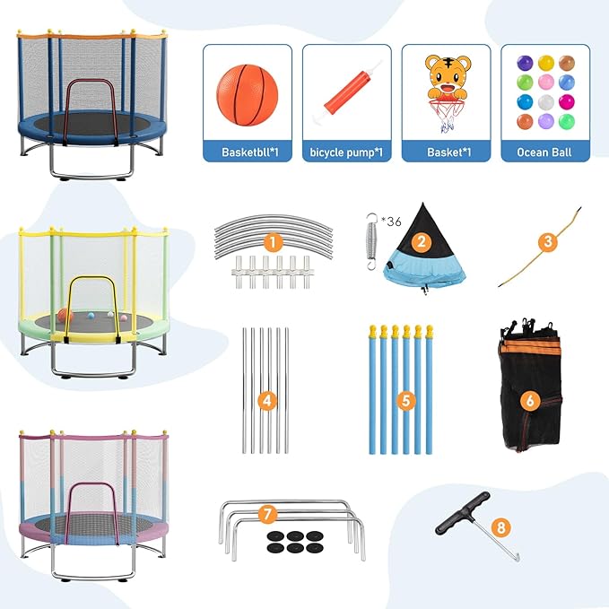 Kids Trampoline with Safety Net – 440lbs Capacity, Upgraded Rust-Proof Ring Legs, Adjustable Gymnastics Bar & Toys – Indoor Outdoor Toddler Trampoline for Boys & Girls Ages 1-8