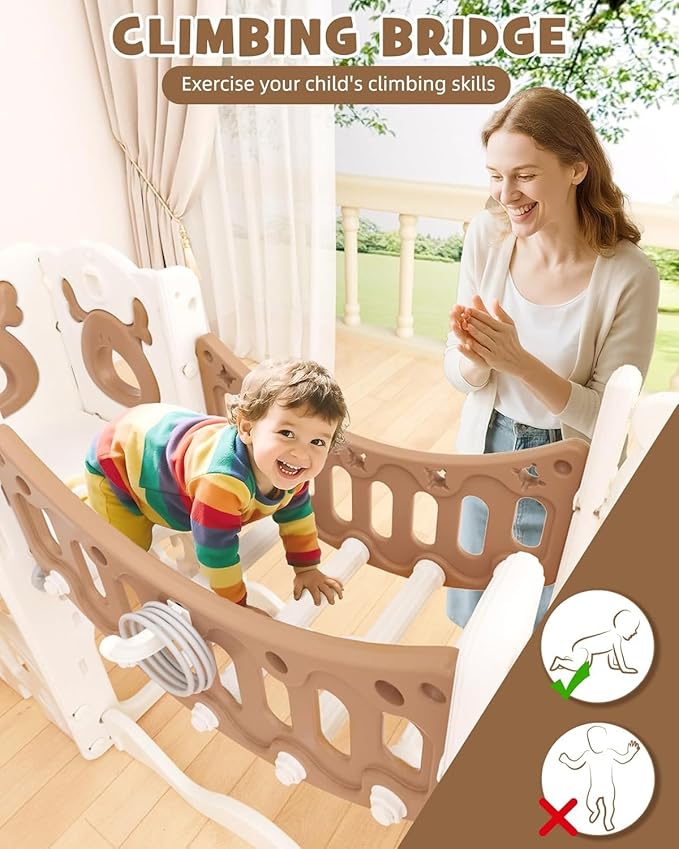 YUFU Toddler Slide Set, 11 in 1 Kids Slide for Toddlers 1-3, Toddler Playset with Climbing Bridge, Golf Set, Basketball Hoop, Indoor Outdoor Playground (Brown)