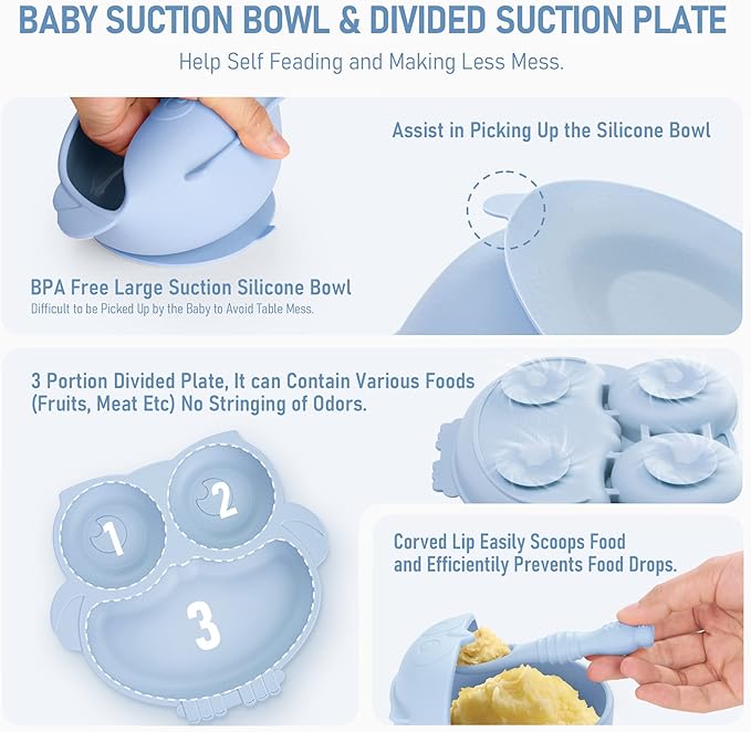 Baby Weaning Set, Silicone Baby Feeding Set(10 Pcs), Toddler Weaning Set with Adjustable Bib, Suction Bowl, Plate, Fork, Spoon, Water & Snack Cup Kit, Baby Led Weaning Kit for Babies and Kids