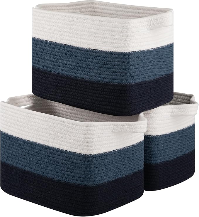 Storage Basket for Organizing, Woven Baskets for Storage, Rectangle Decorative Baskets for Shleves, Closet, Toys, Books, Nursery Organizer Bins - Pack of 3 (Gradient Blue)