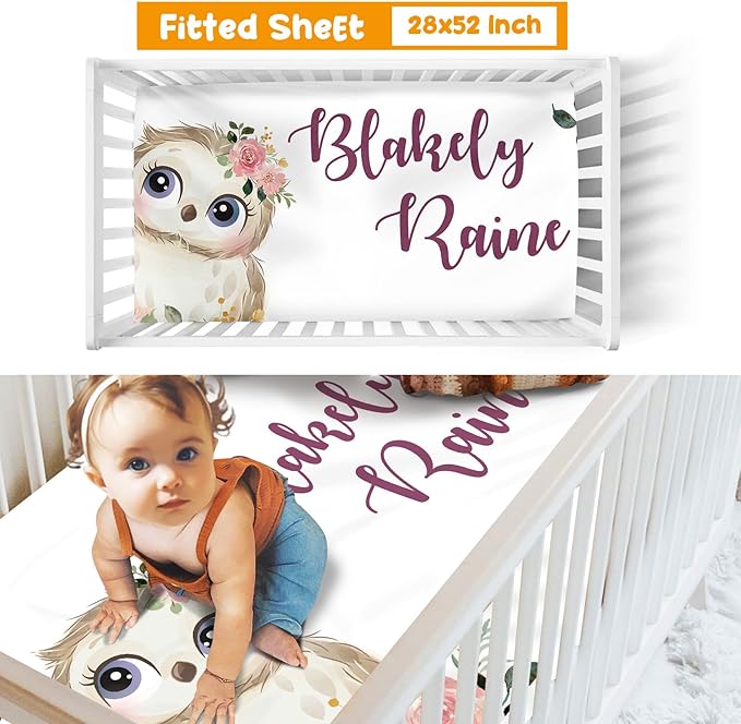 Custom Crib Bedding Set - Owl Design Personalized Name Baby Nursery Bed 3 Pcs Set - Chic Soft Blanket with Dotted Backing, Sheet, Pillowcase for Newborn Girls Boys Gifts Color21