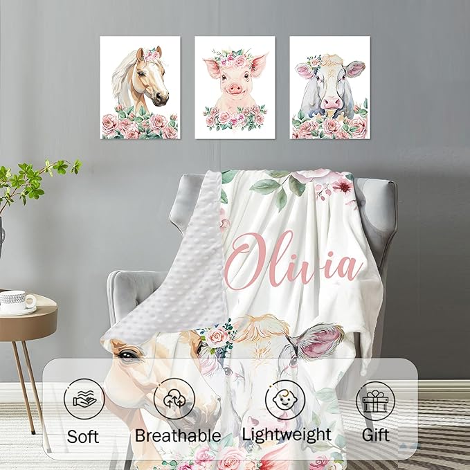 Personalized Nursery Crib Bedding Set: Custom Name Pink Floral 5 Piece Baby Crib Sets with Horse Pattern - Toddler Double Layer Blanket Set, Comfortable Crib Bed Sheets for Baby Grils