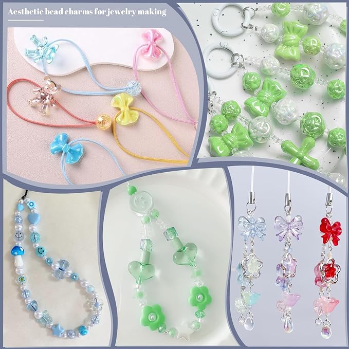 Assorted 170-230PCS Green Acrylic Beads for Bracelet Making, Flower Bow Butterfly Candy GummyBear Aesthetic Bracelet Charms,Cute Beads for Jewelry Making DIY Necklace Keychain Phone Charm