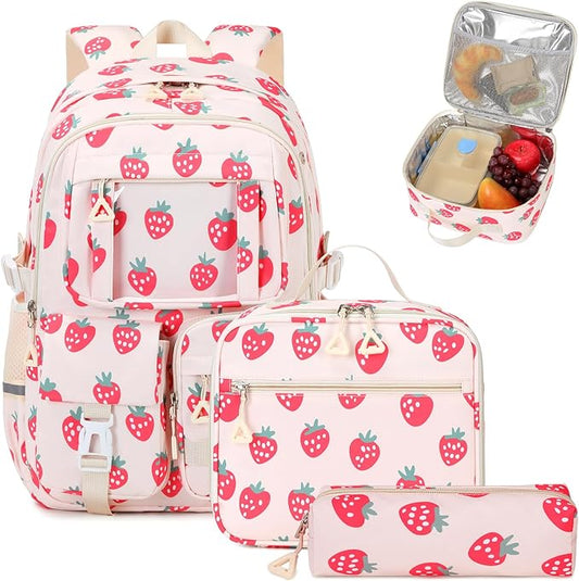 Backpack for Girls 3pcs Set Kids Backpack with Lunch Box Students Kawaii Book Bag for Elementary Primary Middle School Bags - Ita Backpack - Strawberry