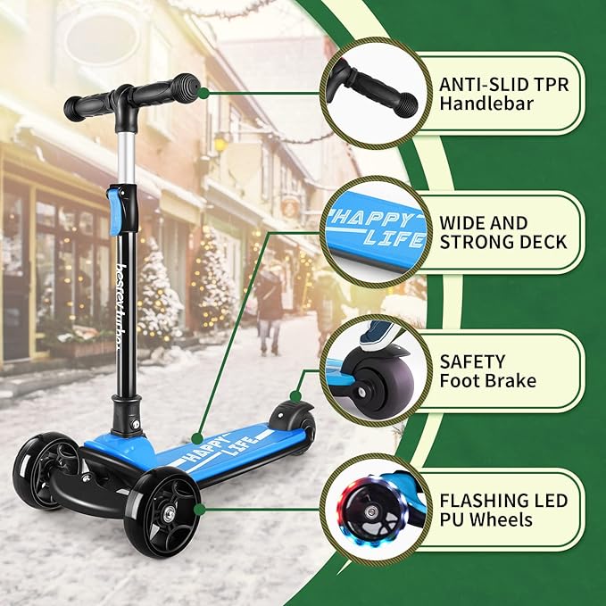 Besrey Kick Scooter for Kids Ages 3-10, 3-Wheel Folding Scooter with Adjustable Height, LED Light Wheels, Extra Wide Deck for Outdoor Activities