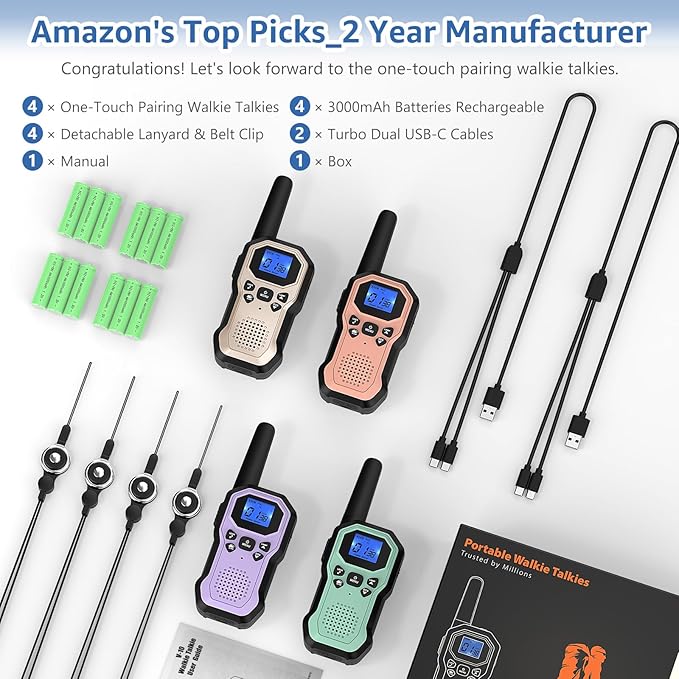 Walkie Talkies for Adults Long Range 2 Way Radios for Kids Rechargeable 4 Pack, Hiking Camping Skiing Cruising Gear with Lamp, USB-C, SOS Siren, NOAA Alert, iVOX Hands-Free, One-Touch Pairing