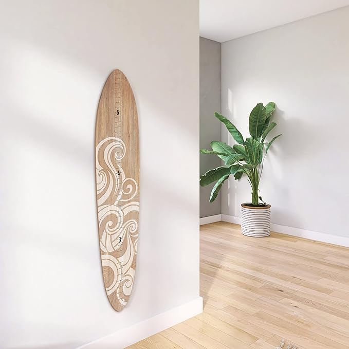 Wooden Surfboard Wall Decor Growth Chart - Surf Board Decor for Kids Room, Wooden Growth Chart for Wall, Surfboard Wall Art, Surfboards for Decoration - White Wave (9.5""x 45"")