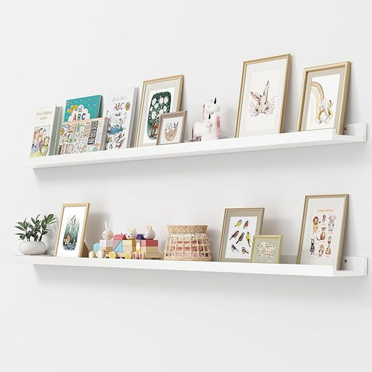 Picture Ledge Shelf, Floating Shelves Set of 2, Solid Pine Wood 72'' Long Large Nursery Book Shelves for Toys Storage, Kids Bookshelf for Living Room Bedroom Decor Books Photo Frames, White