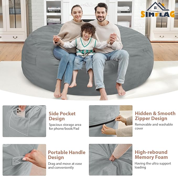 7FT Bean Bag Chair, Large Bean Bag Chairs with Memory Foam Filled, Fluffy Beanbag Sofa with Dutch Velvet Cover, Round BeanBag Chairs for Living Room, Playroom - Light Grey