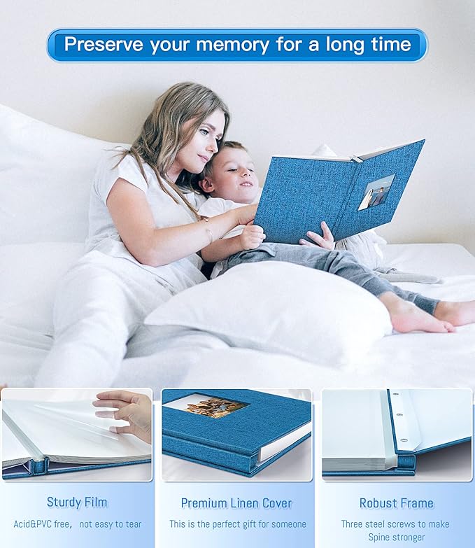 popotop Photo Album Self Adhesive with Picture Display Window,40 Pages DIY Scrapbooking Supplies Kit for 4x6 10x12 Picture,Linen Cover Memory Book for Baby Wedding, with Scraper and Metallic Pen