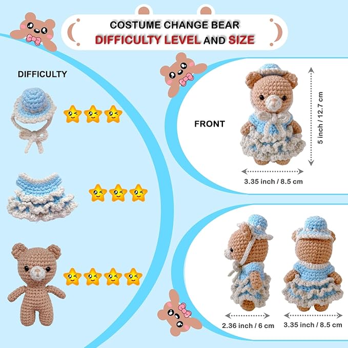 LoopMap Crochet Kit for Beginners - DIY Amigurumi Bear with Removable Dress & Accessories - Step-by-Step Video Tutorials, Extra Yarn, Crochet Tools, Handmade Gift for Kids & Adults (Bear K02, Blue)