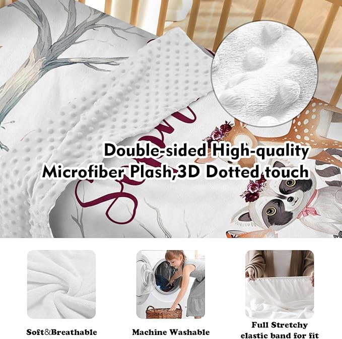 Personalized Baby Crib Bedding Set for Baby Girls, Rose Animal Pattern Custom Name 5-Pcs, Toddler Double Layer Blanket Fitted Sheets Changing Pad Cover Rug Wall Art Set