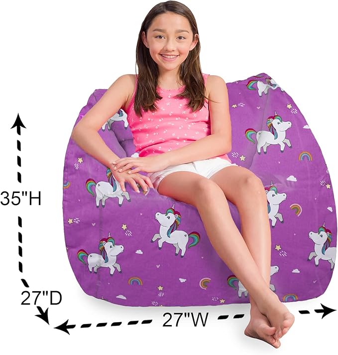 Posh Creations Structured Comfy Bean Bag Chair for Gaming, Reading, and Watching TV, Coronado Chair, Canvas - Unicorn and Rainbows on Purple