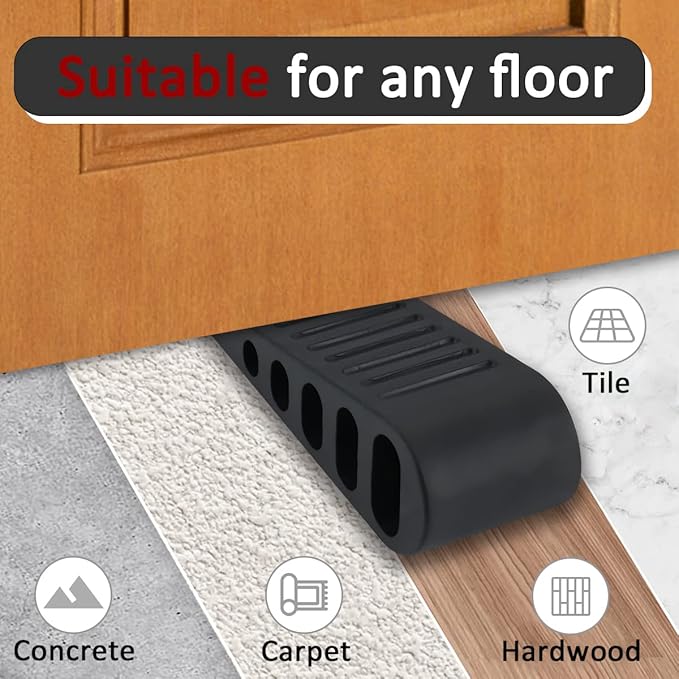 JQK Rubber Door Stopper Wedge, Black 2 Pack Soft TPR Premium Door Stops for Bottom of Heavy Duty Door on Tile, Concrete, Carpet, Wooden Floor, DSB61-BK-P2