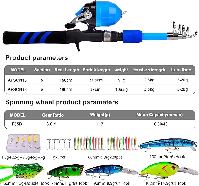 PROBEROS Kids Fishing Pole - Portable Telescopic Fishing Rod and Reel Combo Kit - Spincast Fishing Reel Casting Rods with Lures Lines Tackle Box and Bag for Boys Girls Youth Fishing