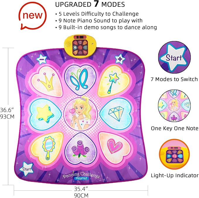 SUNLIN Dance Mat Toys for Girls Ages 3-10 | Dance Pad with LED Lights, Adjustable Volume, 9 Built-in Music, 7 Game Modes, 5 Challenge Levels | Christmas Birthday Gifts for 3 4 5 6 7 8+ Years Old Girl