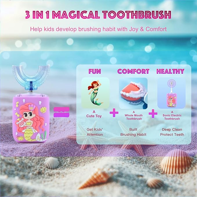 Kids Electric Toothbrush, U Shaped Toothbrush Kids Sonic Automatic Brush with Cup 5 Brush Head 6 Sonic Clean Modes IPX7 Waterproof Mermaid Design Rechargeable Smart Timer for Children 2-7