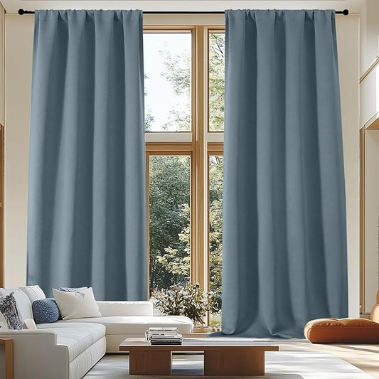 Simplebrand Blackout Extra 10ft Curtains for Patio 120 Inches Long 2 Panels Set, Solid Thermal Insulated Energy Saving Rod Pocket Window Treatment Curtains Blackout Drapes, 50" Wx120 L, Stone Blue