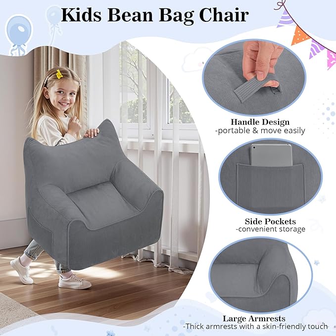HOMMPA Bean Bag Chair for Kids Stuffed Toddler Bean Bag Sofa with Pocket Filler Cat Shaped Bean Bag Chair Boys and Girls Baby Lazy Floor Sofa Chair for Gaming Reading Playing Grey