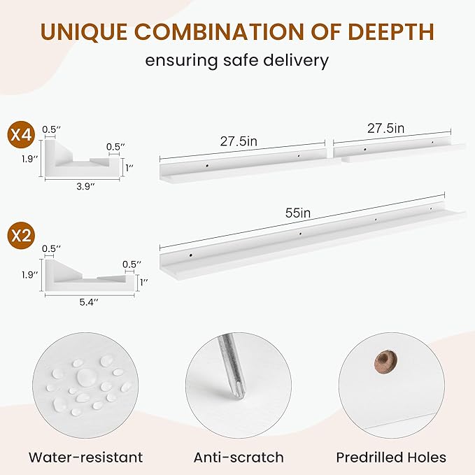 Axeman Picture Ledge Shelf, Floating Shelves for Wall Decor Storage Set of 6, 55 inch Floating Wall Mounted Shelves, Wall Shelves with Lip for Living Room, Bedroom, Nursery, Bathroom, Kitchen, White