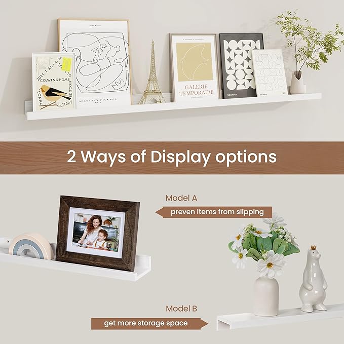 Picture Ledge Shelf, Solid Pine Wood Floating Shelves Set of 2, 40 Inches Nursery Book Shelves for Toys Storage, Kids Bookshelf Wall Mounted for Living Room Bedroom Decor Books Photo Frames, White