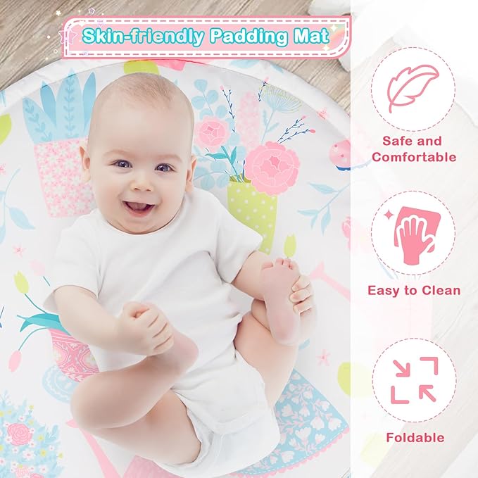 Baby Play Mat, 4-in-1 Baby Play Gym Tummy Time Mat with Ball Pit and 5 Detachable Toys for Newborn to Develop Sensory Exploration and Motor Skill 0-6-12 Months