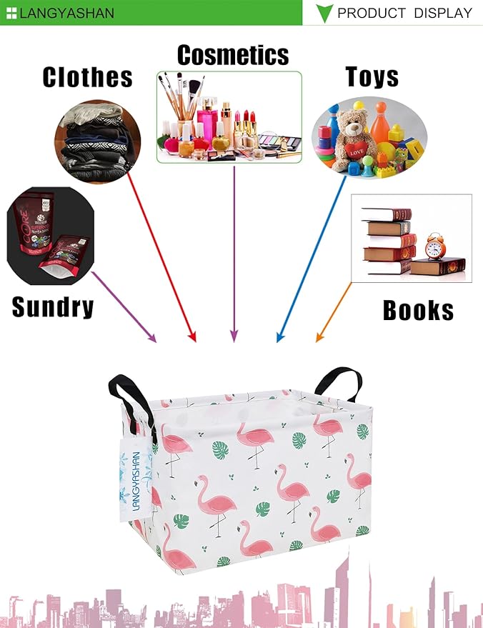 LANGYASHAN Rectangular Storage Bin Collapse Canvas Fabric Cartoon Storage Basket with Handles for Organizing Home Kitchen Boys and Girls Toys Office Closet Shelf Baskets(Rec Leaf Flamingo)