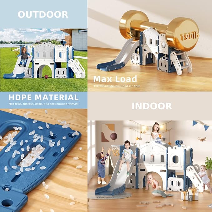 8 in 1 Toddler Slide and Climber Playset Indoor Outdoor Kids Slide with Basketball Hoop,Telescope, Storage Space, Freestanding Backyard Playground for Toddler Age 1-3, Blue