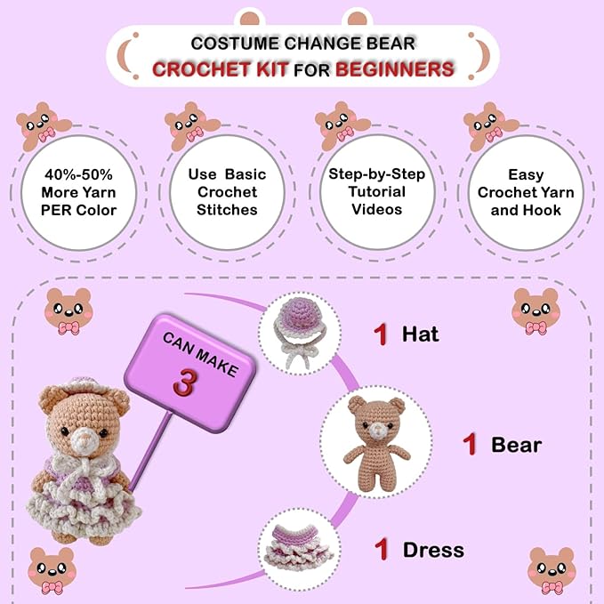 LoopMap Crochet Kit for Beginners - DIY Amigurumi Bear with Removable Dress & Accessories - Step-by-Step Video Tutorials, Extra Yarn, Crochet Tools, Handmade Gift for Kids & Adults (Bear K02, Purple)