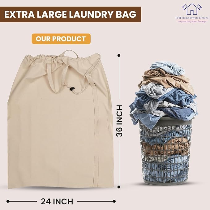 LFH Home Large Premium 100% Cotton Canvas Laundry Bag with Drawstring and Handles Heavy Duty, Multi-Use, and Washable for Home, Travel, College or Storage 24x36 (Pack of 4)-Natural
