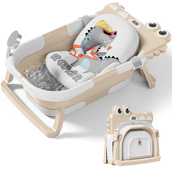 TPN Collapsible Baby Bathtub, Baby Bath Tub with Soft Cushion & Real-Time Thermometer, Baby Bathtub Infant to Toddler Tub (0-36 Months), Portable Newborn Travel Bath tub