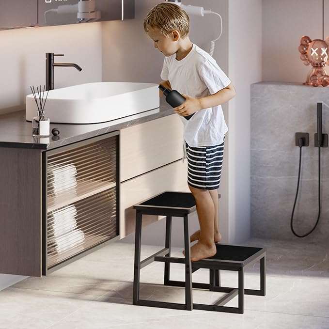 Step Stool for Kids Adults,Holds up to 500Lb,3 in1 Heavy Duty Sturdy Two Foot Stool for Kichen/Bathroom/High beds, Wooden&Metal Frame, Non-Slip Pads…