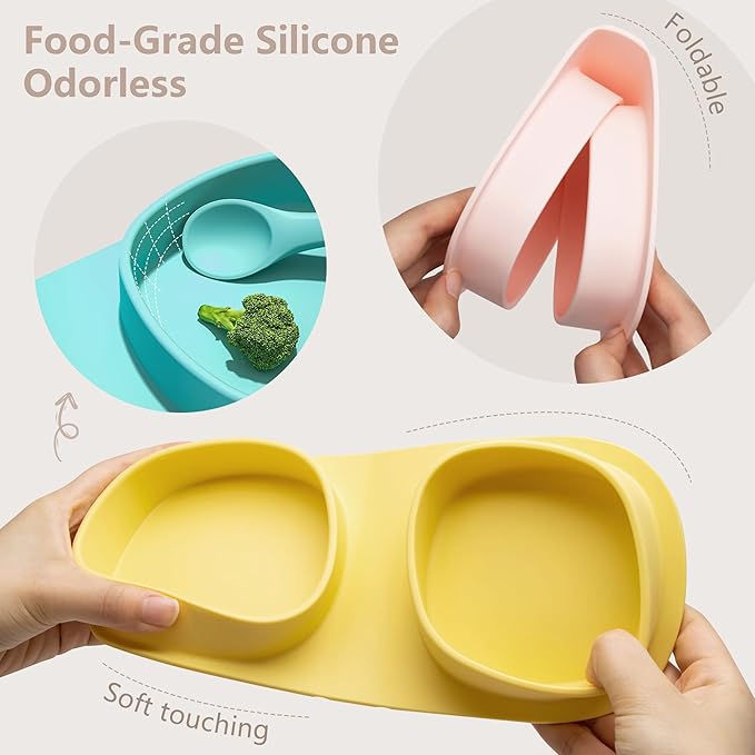 Silicone Foldable Novelty Dinner Plates,Baby Plates Travel Essential with Forks and Spoons,Microwave & Dishwasher Safe,Blush