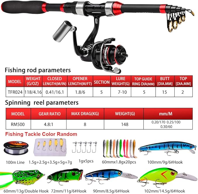 PROBEROS Kids Fishing Pole - Portable Telescopic Fishing Rod and Reel Combo Kit - Spincast Fishing Reel Casting Rods with Lures Lines Tackle Box and Bag for Boys Girls Youth Fishing